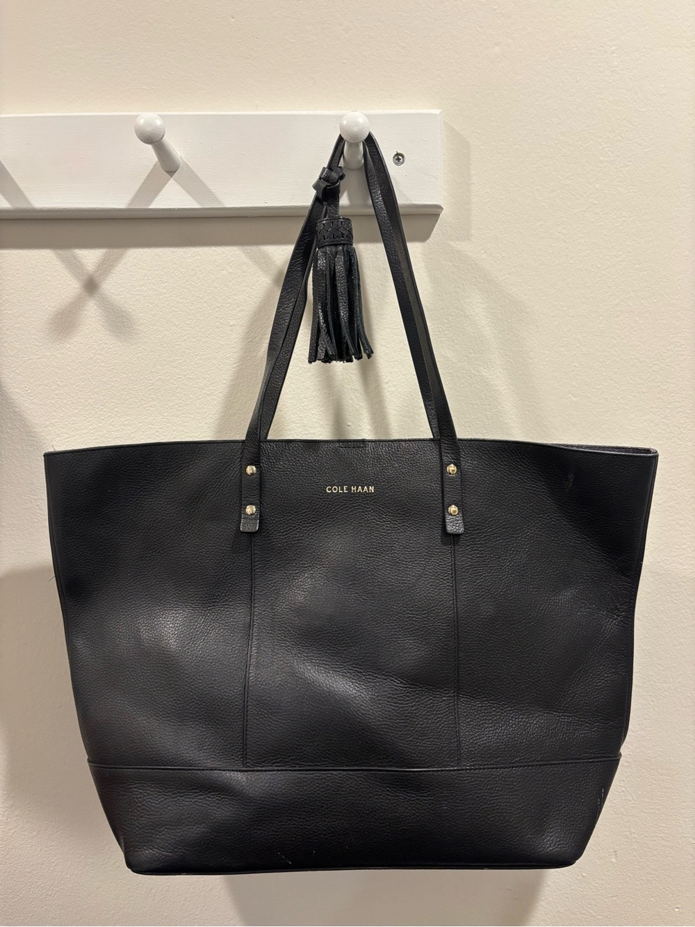 Cole Haan Black Pebbled Leather Tote with Tassel